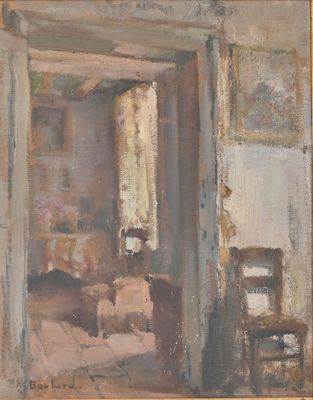 painting of a living room with a couch and a chair in it
