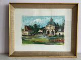 framed watercolor painting of a church in a rural setting