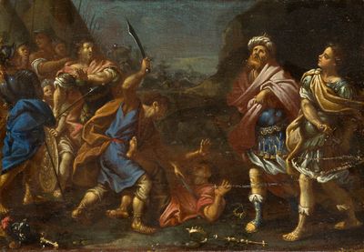 peinture représentant une peinture d'un groupe de personnes dans un paysage rocheux