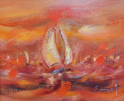 un tableau représentant un voilier en pleine mer, avec un coucher de soleil en arrière-plan