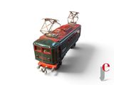 a green and red train on the tracks on a white background