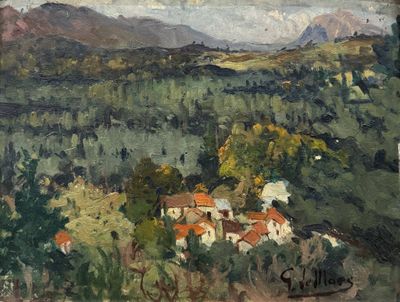 une image d'un tableau représentant un village de montagne