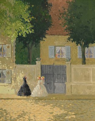 tableau représentant deux femmes marchant dans une rue pavée devant un immeuble jaune