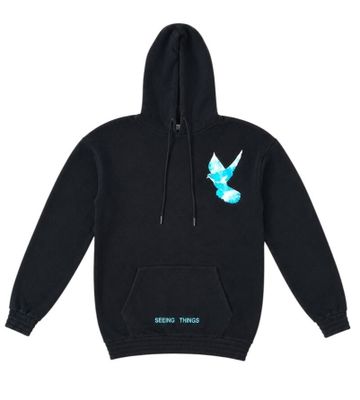 a black hoodie with a blue bird on it