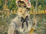 tableau représentant une femme en robe blanche et chapeau, tenant un parapluie
