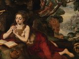 an image of a painting of a woman reading a book in a wooded area