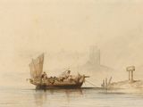 a painting of a boat on the water with people on it