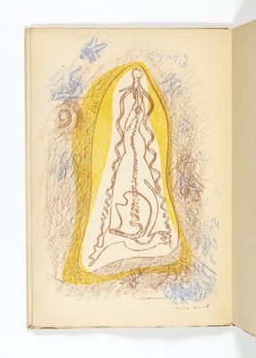 un livre ouvert sur lequel figure le dessin d'une femme en robe jaune
