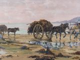 a painting of a horse drawn wagon being pulled by two horses