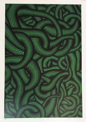 an image of a painting of green snakes on a black and white background
