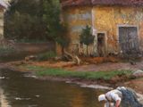 a painting of a woman washing her clothes in a river