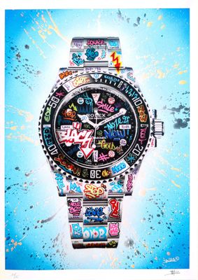 an image of a watch with lots of stickers all over it