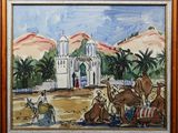 a picture of a painting of a church in the desert