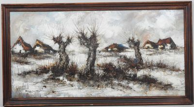 une peinture à l'huile représentant un paysage enneigé avec des maisons en arrière-plan