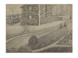 pencil drawing of a house in a wooded area with trees and bushes