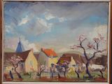 une peinture à l'huile représentant des maisons et des arbres dans un décor champêtre
