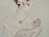 painting of a woman holding a cat with flowers in her hair
