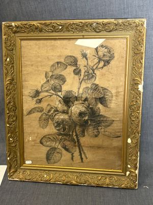 tableau représentant un bouquet de roses dans un cadre doré sur fond bleu