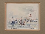 a picture of a painting of boats in the water