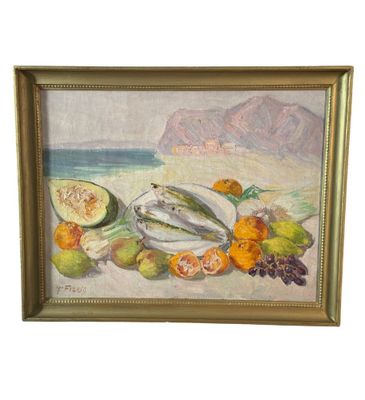 painting of a still life of fruit and fish on a beach