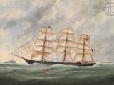 an oil painting of a tall ship in the ocean with other ships in the background