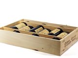 a wooden box with six bottles of wine in it