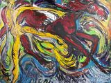 abstract painting of a man riding a motorcycle on a wave of paint