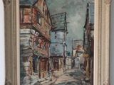 une peinture à l'huile représentant une scène de rue avec des bâtiments et des personnages