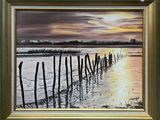 an oil painting of a sunset over a body of water