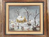 un tableau représentant une scène hivernale avec des enfants jouant dans la neige
