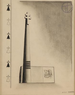 drawing of a black and white image of a tall tower with a cross on it
