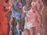un tableau représentant un groupe d'hommes jouant au basket