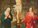 un vieux tableau représentant Jésus sur la croix avec trois femmes