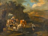 tableau représentant un groupe de personnes et d'animaux dans un paysage rocheux