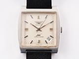an image of a wrist watch with a white dial and black leather strap