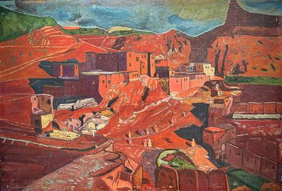 une peinture à l'huile représentant une ville avec une montagne en arrière-plan
