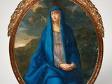 an oval painting of a woman with a blue veil