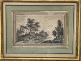 an old picture of a farm scene with a house in the background