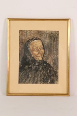 painting of an old woman in a black dress with a smile on her face
