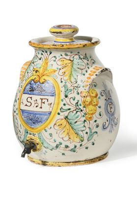 a vase with a lid that has a picture of a bird on it