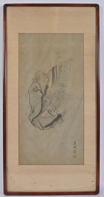 chinese ink painting of a bird on a branch in a wood frame