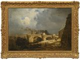 une peinture à l'huile représentant un pont sur une rivière avec un château à l'arrière-plan