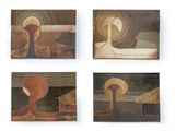 quatre œuvres d'art posées sur une surface blanche