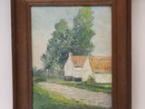 an oil painting of a white house in a field with trees in the background