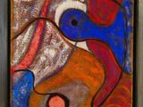 peinture représentant le visage d'une femme sur un fond rouge, bleu et orange