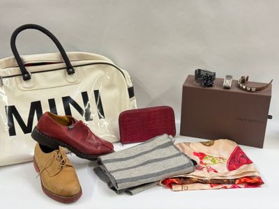 a bag, shoes, wallet, wallet case and other items on a table