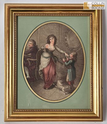 une vieille photo représentant une femme et deux enfants jouant avec un oiseau