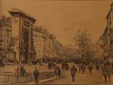 tableau représentant des personnes marchant dans une rue d'une ville aux grands immeubles