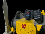 a yellow and black toy with a sword on a black background