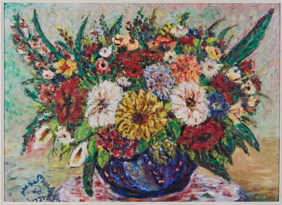 a painting of flowers in a blue vase on a table